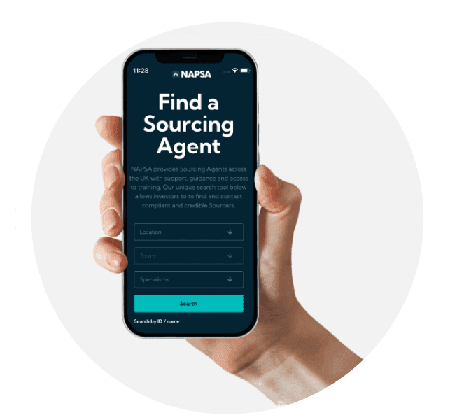 Illustration of a phone showing the NAPSA search tool for finding sourcing agents.