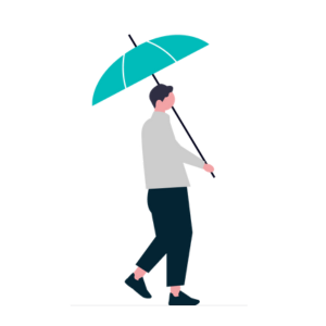 Illustrative man walking with umbrella